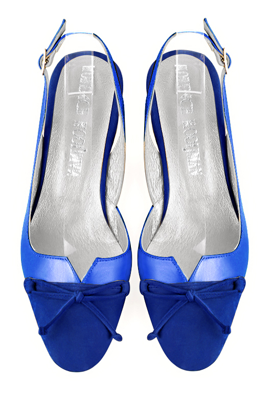 Women's electric blue elegant slingback heels, with a bow on the front. Round toe. Low flare heels - Top view